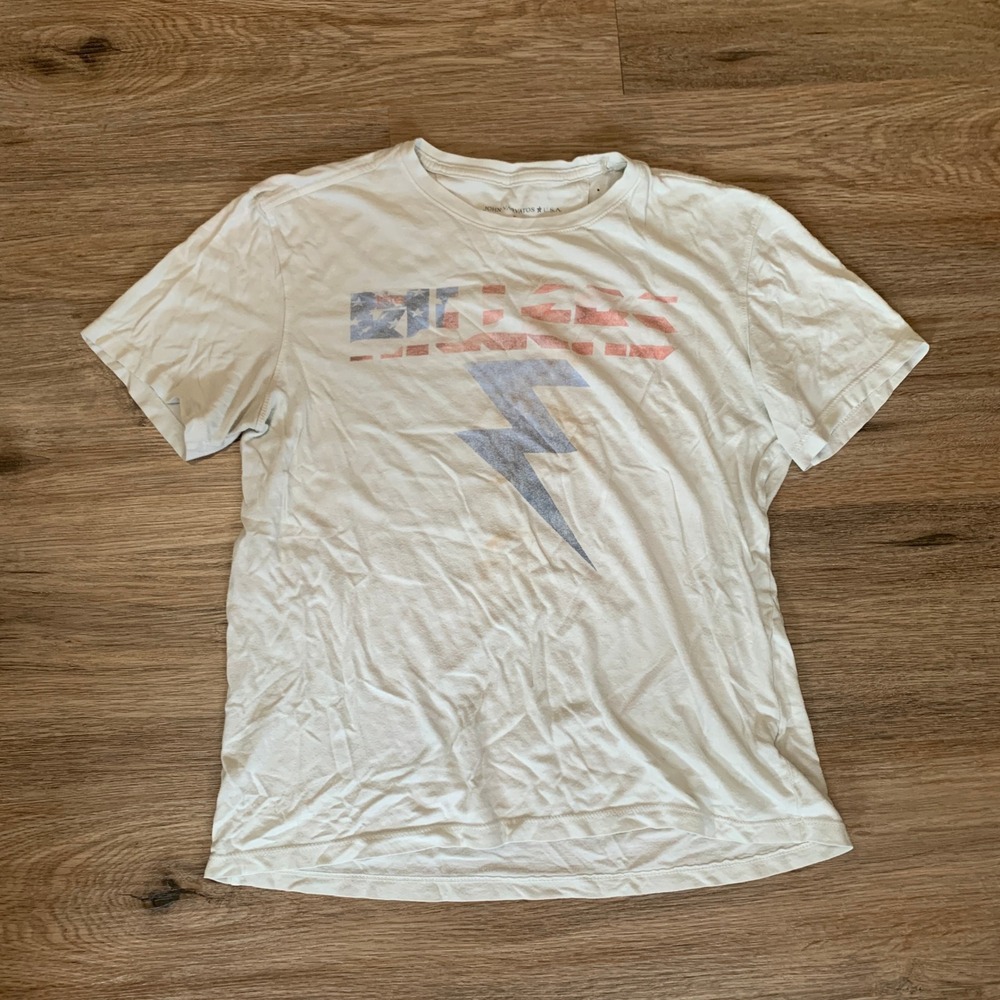 John Varvatos USA Mens White Lightning Bolt Graphic T-Shirt Small Made in USA